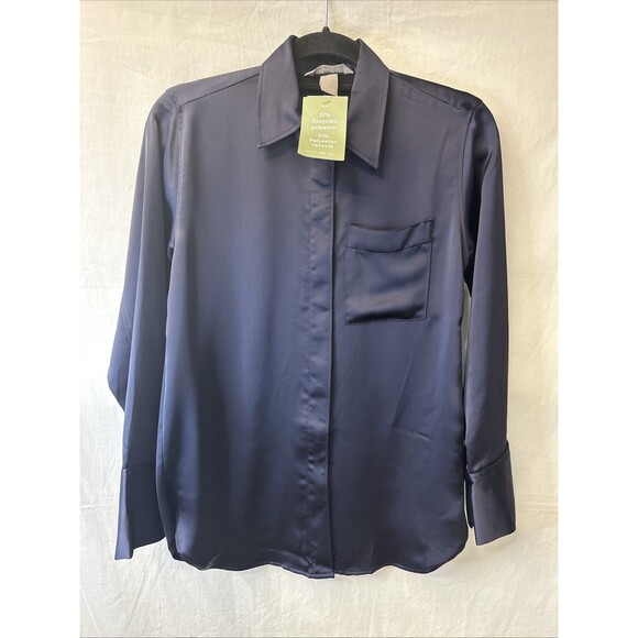 H&M Tops - H&M Navy Blue Satin Blouse with Concealed Button Placket & Chest Pocket